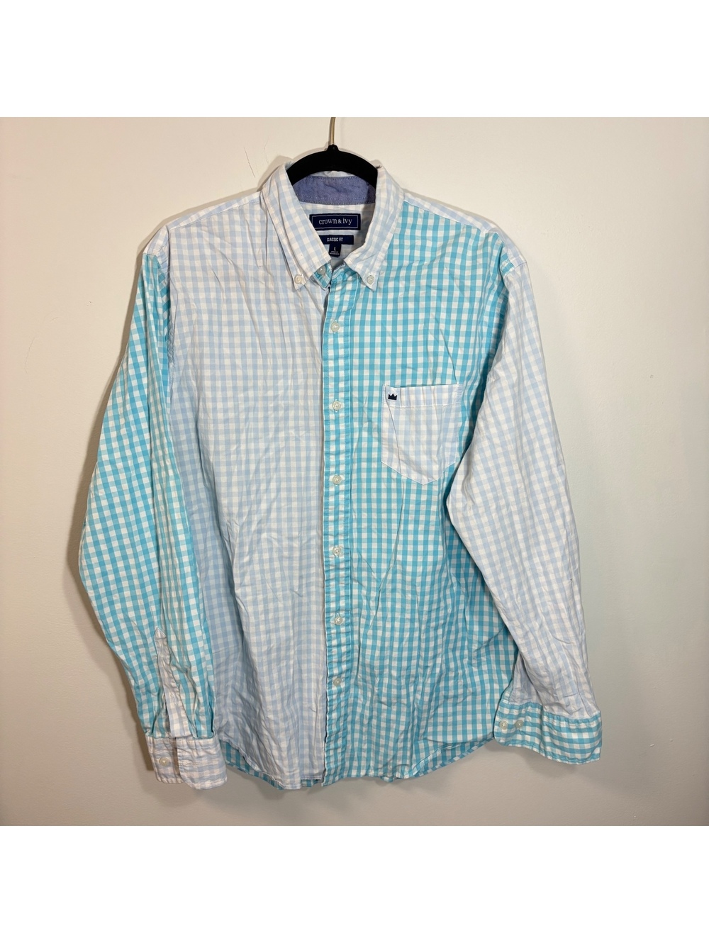 Crown & Ivy Men's Large Classic Fit Blue/Aqua Colorblock Gingham Button Up